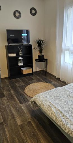 Cette chambre comprend un lit, une télévision et une table. dans l'établissement Nid Paisible bord du Lac entre Disney et Paris, à Torcy