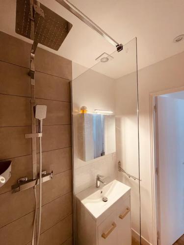 une salle de bain avec un lavabo et une douche dans l'établissement Appartement cosy - Saint Louis Paris 10, à Paris