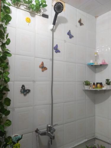 a bathroom with a shower with butterflies on the wall at Chez hiba in Rabat