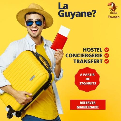 a poster for a movie with a man holding a suitcase at Hostel Toucan Coliving Les rives du mahury in Dégrad des Cannes