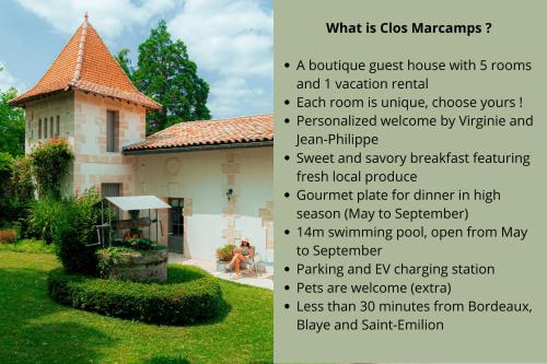 a flyer for a house with descriptions of its properties at Clos Marcamps - Teritoria in Prignac-et-Marcamps