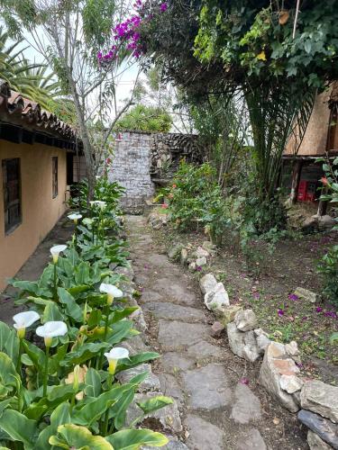 a garden with white flowers and a stone wall at Hostal Santa Isabel in Iza
