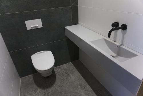 a bathroom with a white toilet and a sink at Brīvdienu māja Pakalni ar pasākumu zāli līdz 50 vietām in Aizkraukle