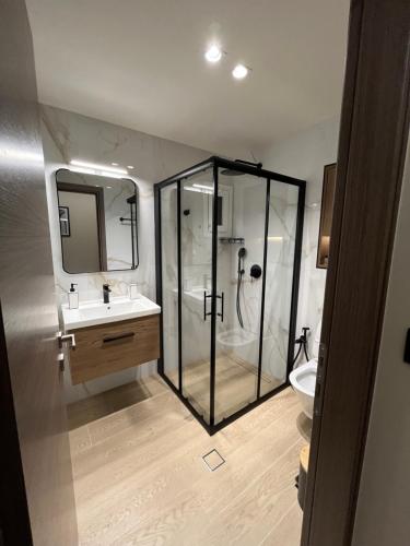 a bathroom with a shower and a sink and a mirror at Serenity Luxury Apartment in Alexandroupoli
