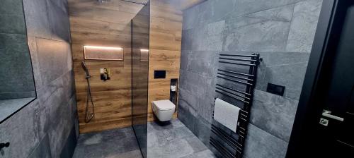a bathroom with a toilet and a glass shower at Chalupa Vápenka in Stárkov
