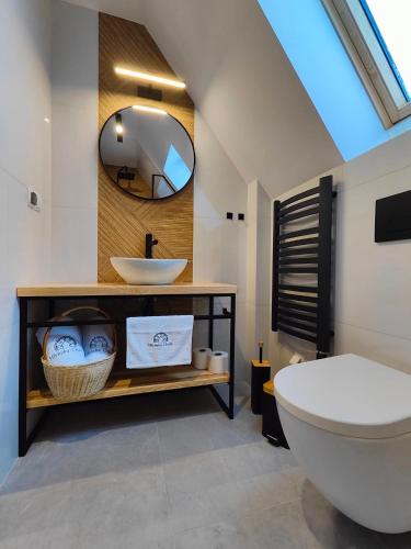 a bathroom with a white toilet and a mirror at Młyńska Chata in Poronin