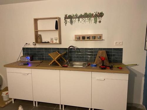 une cuisine avec un évier et un plan de travail dans l'établissement La maison de Noel et ses lutins, à Calais