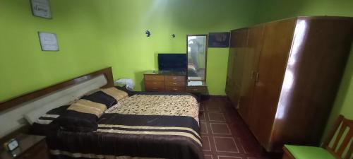 ein Schlafzimmer mit einem Bett, einer Kommode und einem Spiegel in der Unterkunft Departamento sobre la ruta en el centro in La Falda