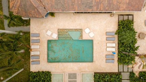an overhead view of a swimming pool with chairs and trees at Arde La Selva in Santa Fe de Antioquia
