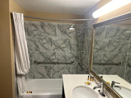 a bathroom with a shower and a sink and a tub at Wingate by Wyndham Harrisburg Near Hershey in Harrisburg