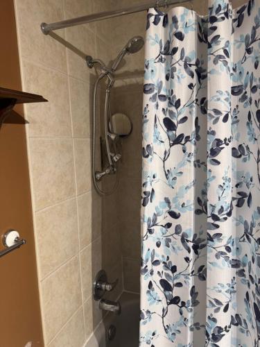 Una ducha con una cortina de ducha azul y blanca. en Peace Stay, en Edmonton