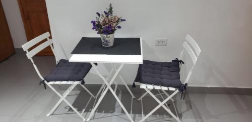 duas cadeiras e uma mesa com um vaso de flores em Volcano View Cottage em Volcán