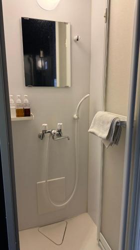 札幌市にある札幌オリエンタルホテルの洗面台と鏡付きのシャワーを備えたバスルーム