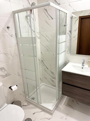 a bathroom with a shower and a toilet and a sink at Espinho in São Félix da Marinha