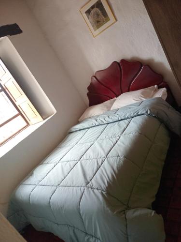 a bedroom with a bed with a pillow and a window at Hostal Santa Isabel in Iza