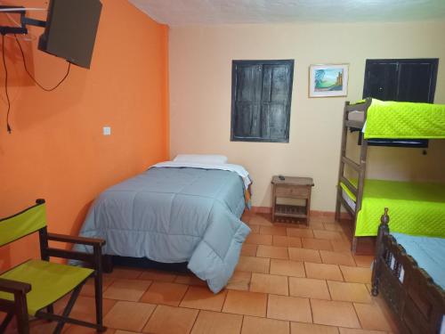 a bedroom with a bed and a tv and a chair at Hostal Santa Isabel in Iza