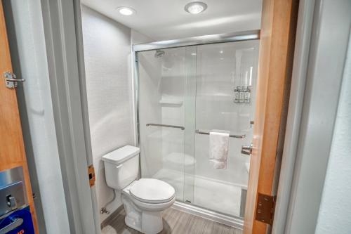 a bathroom with a toilet and a glass shower at Holiday Inn Express & Suites Hayward by IHG in Hayward