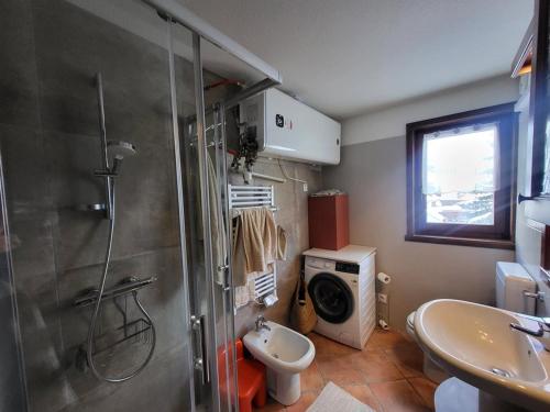 une salle de bain avec douche et lavabo et une machine à laver dans l'établissement Duplex 2 chambres centre Montgenèvre avec wifi - FR-1-266-240, à Montgenèvre
