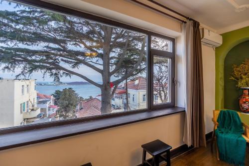 a large window in a room with a tree at September Republic of China Residence in Qingdao in Qingdao