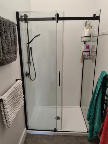prysznic ze szklanymi drzwiami w łazience w obiekcie Apartment In Nelson CBD Hospitality Zone w mieście Nelson