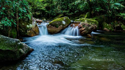 ein Wasserstrom mit Felsen in einem Wald in der Unterkunft Grajagan Mata Atlântica in Antonina
