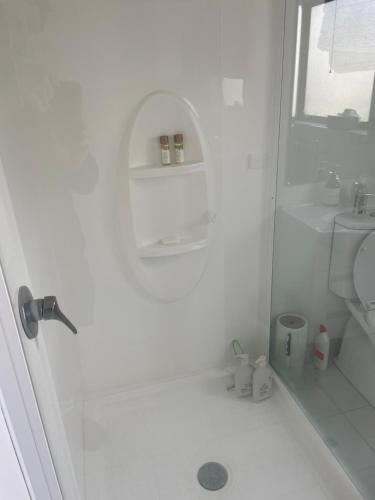 a white bathroom with a shower and a toilet at On the Beach in Hokitika