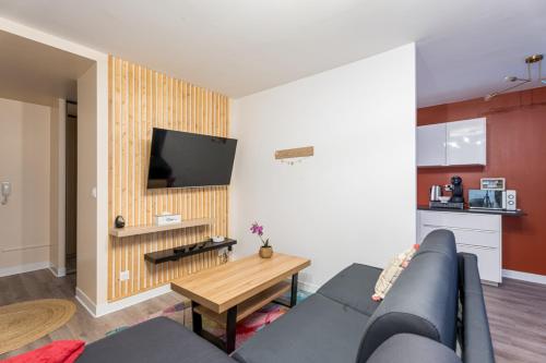 un salon avec un canapé et une télévision dans l'établissement Le Jenny - 2 lits - 4 pers' - Parking - Streaming, à Metz