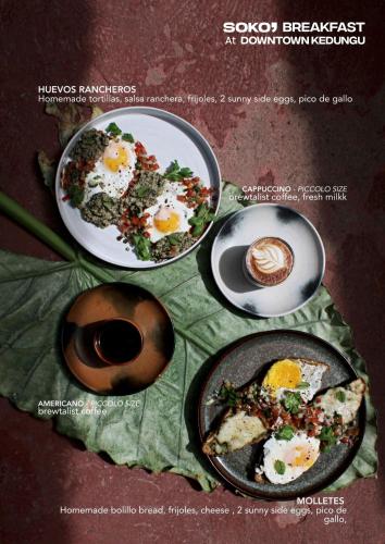 four plates of eggs and coffee on a table at SOKO' Stay at Kedungu in Tanah Lot