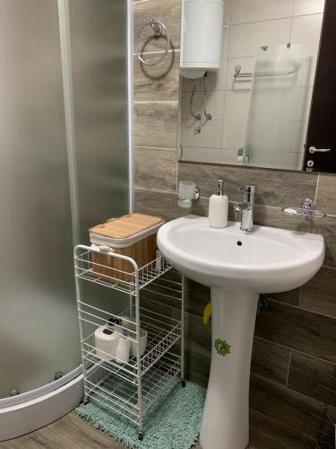 a bathroom with a white sink and a shower at Beli Apartman u Zlatiborskim konacima Bele vode bb in Zlatibor