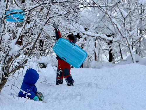 two children playing in the snow with a blue bucket at Hakuba Riverside Loghouse in Hakuba