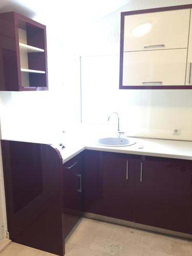 a bathroom with a sink and a mirror at Apartments TMV Dragovic in Sveti Stefan