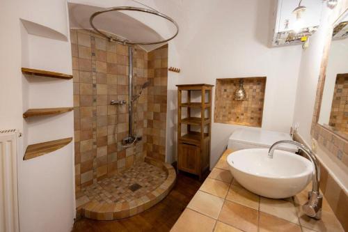 a bathroom with a shower and a sink at Hiša Linhart Apartment in Radovljica