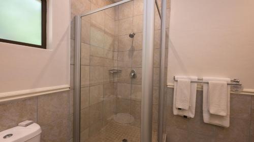 a bathroom with a glass shower with a toilet at ANEW Resort Hunters Rest Rustenburg in Rustenburg