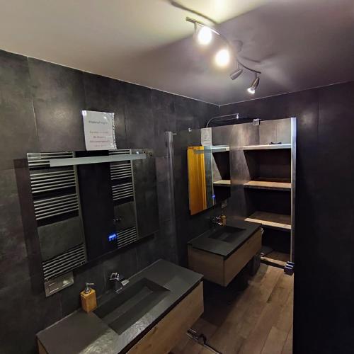 a bathroom with a sink and a mirror at La Casa pour Neuf in Namur
