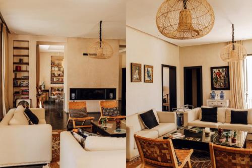 two pictures of a living room with white furniture at Atlas Retreat Luxury Bed and Breakfast in Beni Mellal