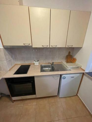 a small kitchen with white cabinets and a sink at FLORA Apartment Hotel 412 in Borovets