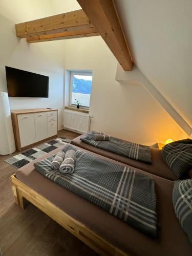 two beds sitting in a room with a tv at Haus Kampl - Appartement Grundlsee in Bad Mitterndorf
