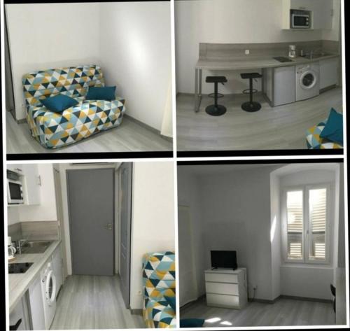 trois photos d'une cuisine et d'un salon dans l'établissement studio centre ville, à Ajaccio