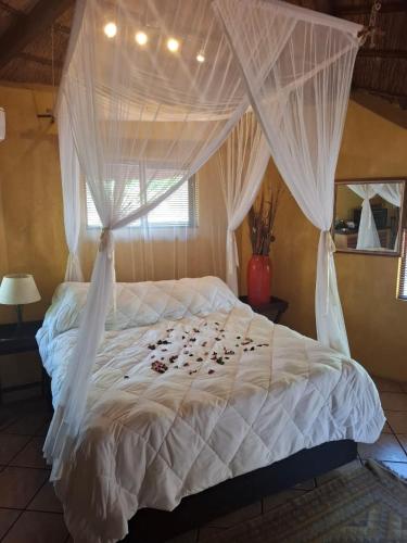 a bedroom with a white bed with a canopy at Jabula Kruger Safari Lodge in Marloth Park