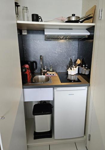 a small kitchen with a sink and a counter at Villa Ysara, Pool Villa with lake Lucerne View in Lucerne