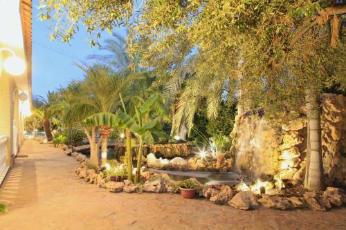 a garden with a waterfall and trees and rocks at Villa Iluminada con chimenea, barbacoa y piscina cerca Playa in Elche