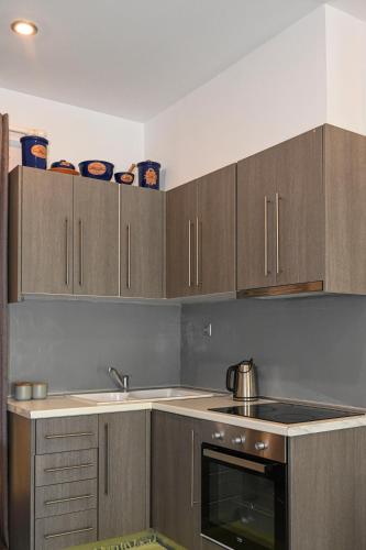a kitchen with wooden cabinets and a stove top oven at Alento Apartments in Tinos Town