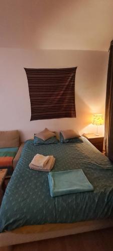 une chambre avec un lit avec une couette verte dans l'établissement Appartement lumineux et cosy Strasbourg, à Strasbourg