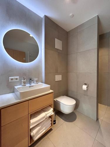 a bathroom with a sink and a toilet and a mirror at Forsthaus Apartments - Die Ruheoase nahe Klaffer in Klaffer am Hochficht