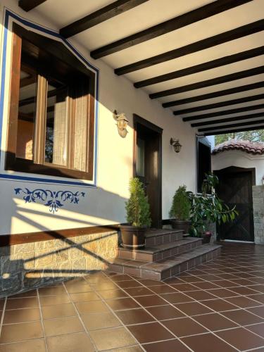 une terrasse couverte d'une maison avec des escaliers et des plantes en pot dans l'établissement Lambrina Boutique rooms, à Plovdiv