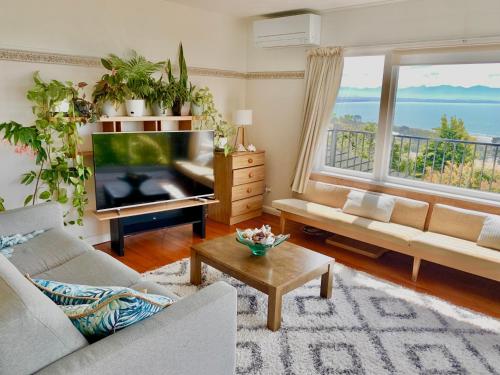 a living room with a large television and a couch at Family and pet friendly with stunning seaviews in Nelson