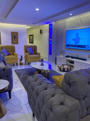 a living room with couches and a flat screen tv at OD Cribs Luxury Apartment and On demand Car Service in Aso