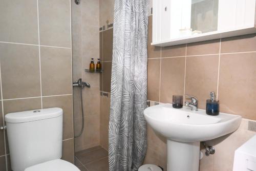 a bathroom with a toilet and a sink and a shower at Dione Central Loft in Heraklio Town