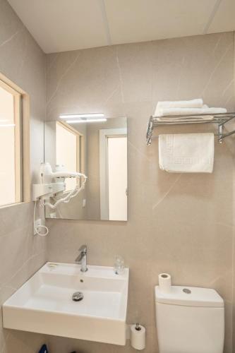 a bathroom with a sink and a toilet and a mirror at Hostal Pensimar in El Altet