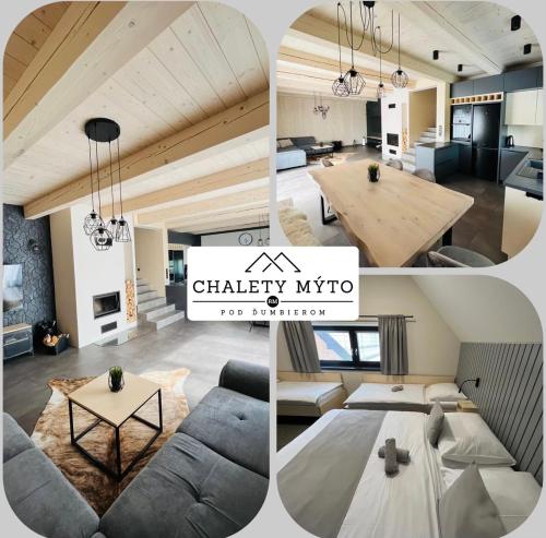 a collage of three pictures of a living room and a kitchen at CHALETY MÝTO POD ĎUMBIEROM in Mýto pod Ďumbierom